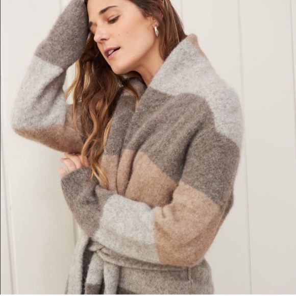 Jenni Kayne Wool Alpaca Yak Blend Striped Belted Long Cardigan Coat - Picture 2 of 7